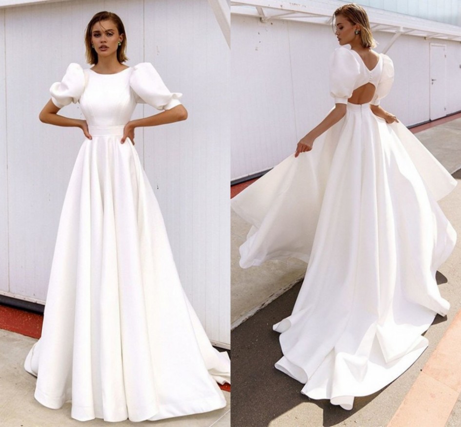 Simple Satin Wedding Dresses Beach Short Puffy Sleeves A-Line Boho Bridal Gowns Princess 2021 Vestidos De Novia