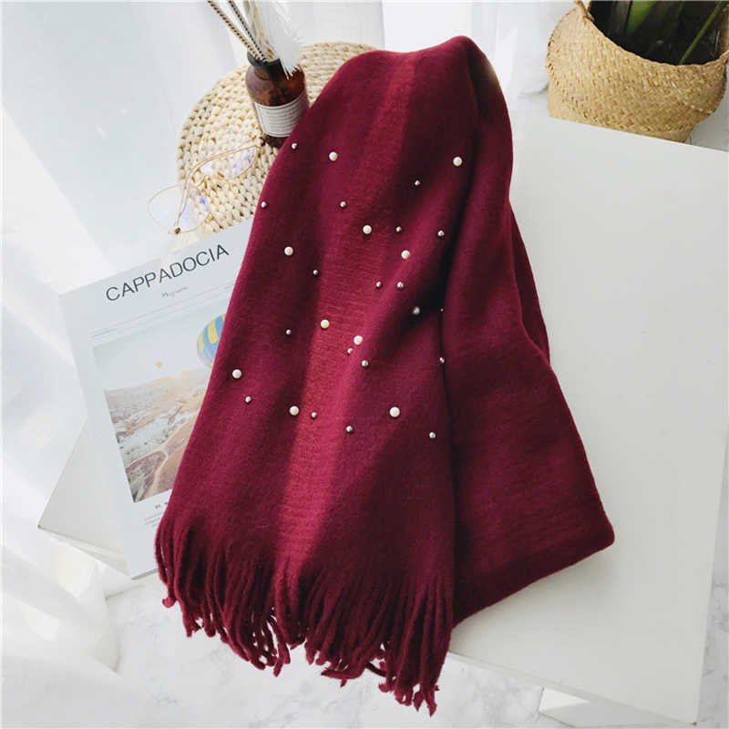 Luna&Dolphin Women Winter Scaves Warm Knitted White Pearl Nail Bead Soft Scarves Tassel Woolen Big Tippet Pashmina Blanket Shawl 220114