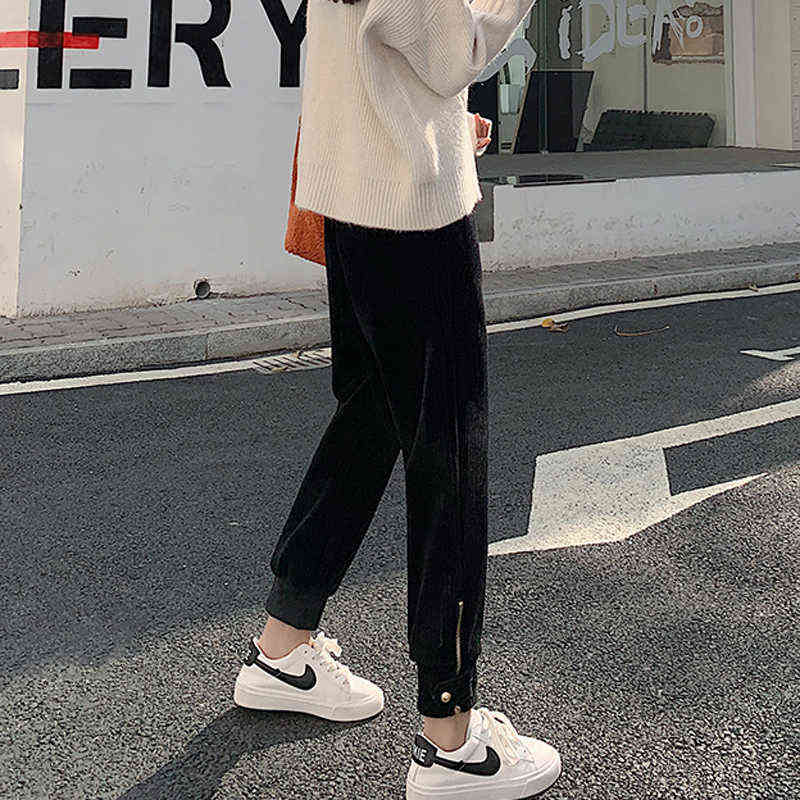 JMPRS Winter Corduroy Pants Women Thick Warm Plus Size Fashion Zipper Elastic High Waist Pencil Pant Causal Loose Baggy Trousers 211115