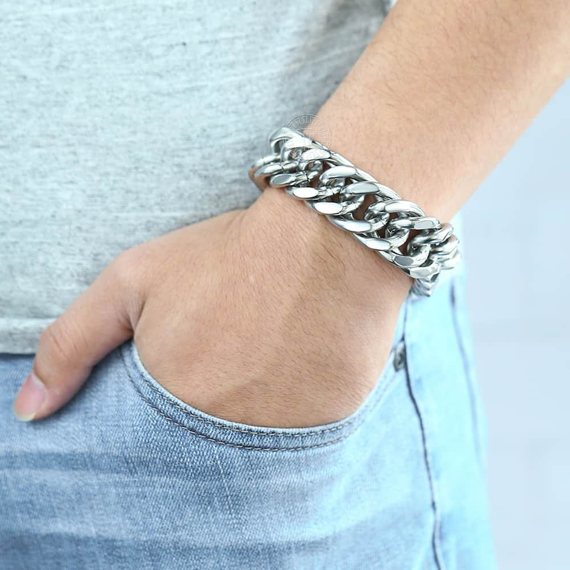 Davieslee 18/22mm Heavy Men's Bracelet Curb Cuban Link Silver Color 316L Stainless Steel Wristband Male Jewelry DLHB287 220304