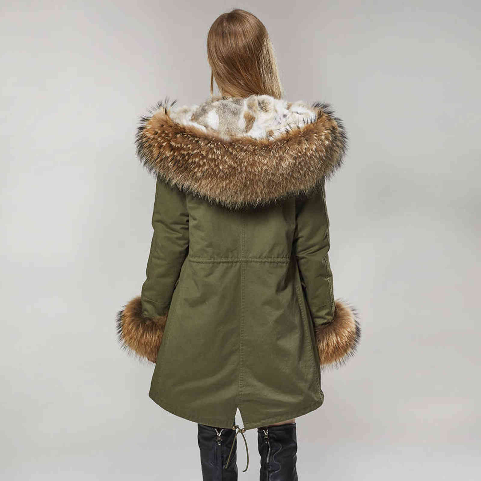 winter women real fur coat long Rabbit fur lining hooded parka Large raccoon fur collar warm coats Star same style 211130