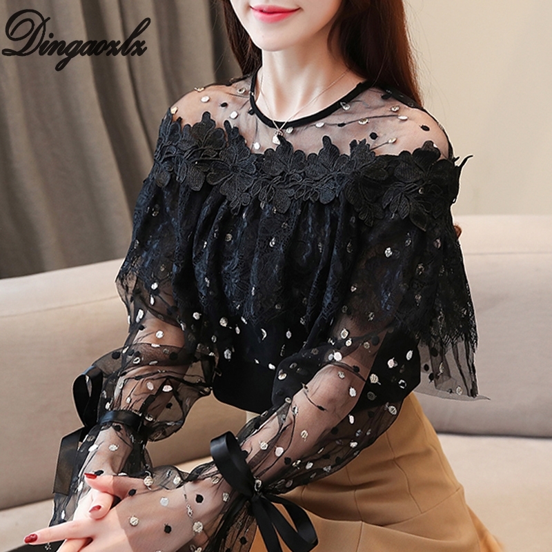 Dingaozlz New Sweet Women Blouse Fashion Lady's Chiffon shirt Patchwork Mesh Lace Tops Flare sleeve Ruffles Casual shirt T200321
