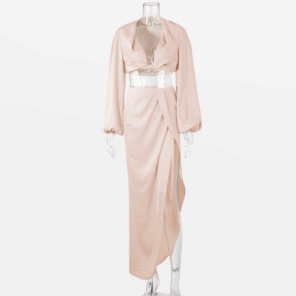 Karlofea 2 Piece Set Women Summer Beach Vacation Outfits Sexy Cropped Blouse Shirts High Split Long Skirt Matching Suit Clothes 210708