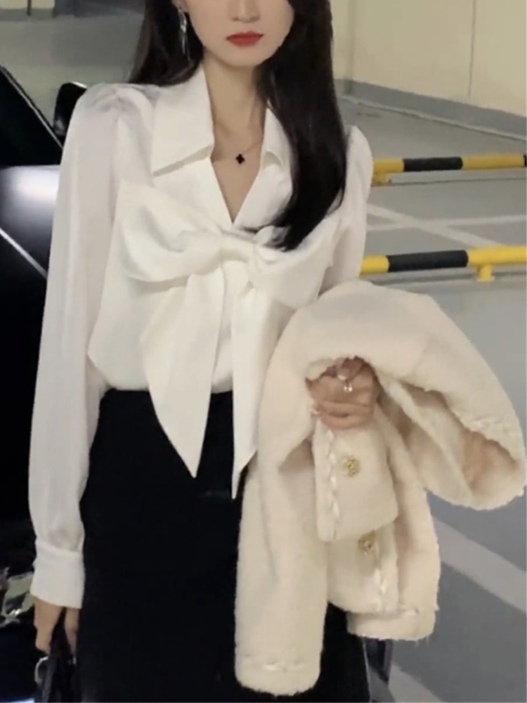 New design womens turn down long sleeve bow patched blouse OL shirt tops SMLXL