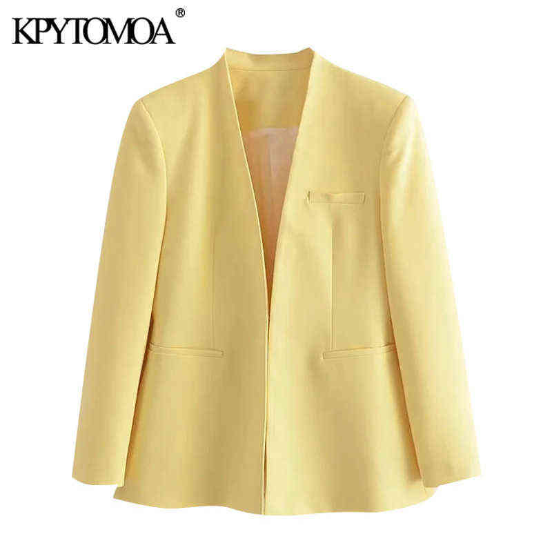 KPYTOMOA Women Fashion Office Wear Collarless Blazer Coat Vintage Long Sleeve Welt Pockets Female Outerwear Chic Veste 211122