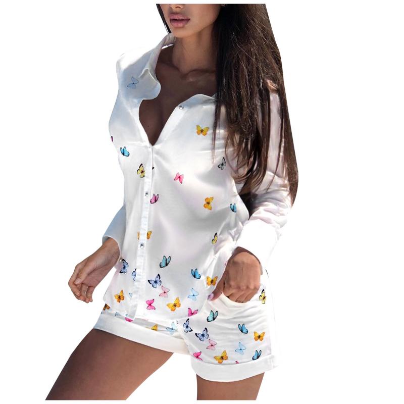 Women's Tracksuits Women Printing Long Sleeve Shorts Set Buttoned Shirt Top Design V-neck Two Piece Moda Mujer 2021 #G3