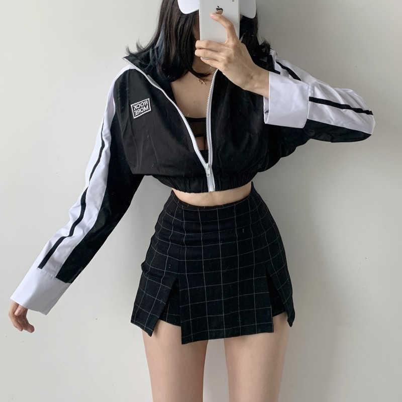 WOMENGAGA Loose Casual Fashion Sports Letter Embroidery Color Matching Zipper Open Navel Bomber Jacket Top WDVJ 210603