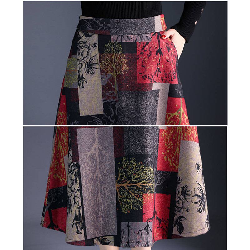 Autumn Winter Aline Long Skirts Womens Maxi Skirt Female High Waist Warm Wool Skirt Elegant Office Lady Printing Plaid Skirt 210306