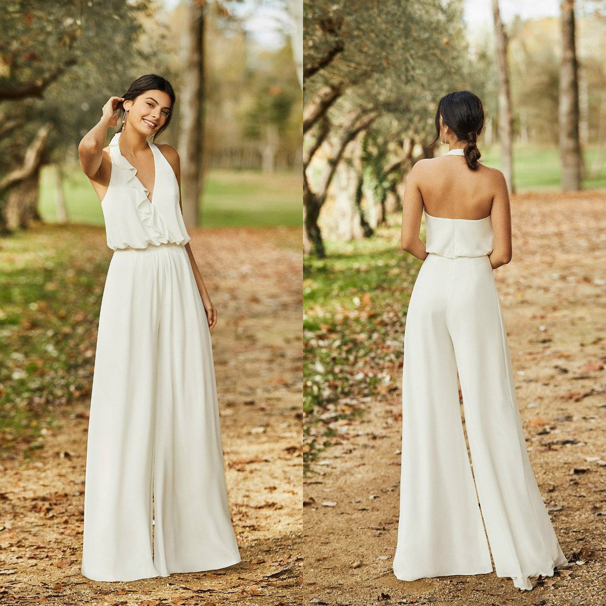 Bohemian Country Halter Wedding Dress Jumpsuit 2021 Sexy Backless Chiffon Robes De Mariée Boho Beach Bride Dresses with Pant Suit