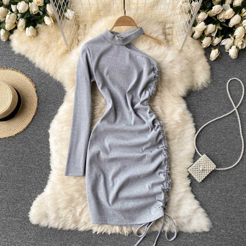 DEAT Women Single Side Long Sleeve Drawstring Dress Round Neck Short Sleeve Arrivals Lady Fashion Spring Summer 11D 210709
