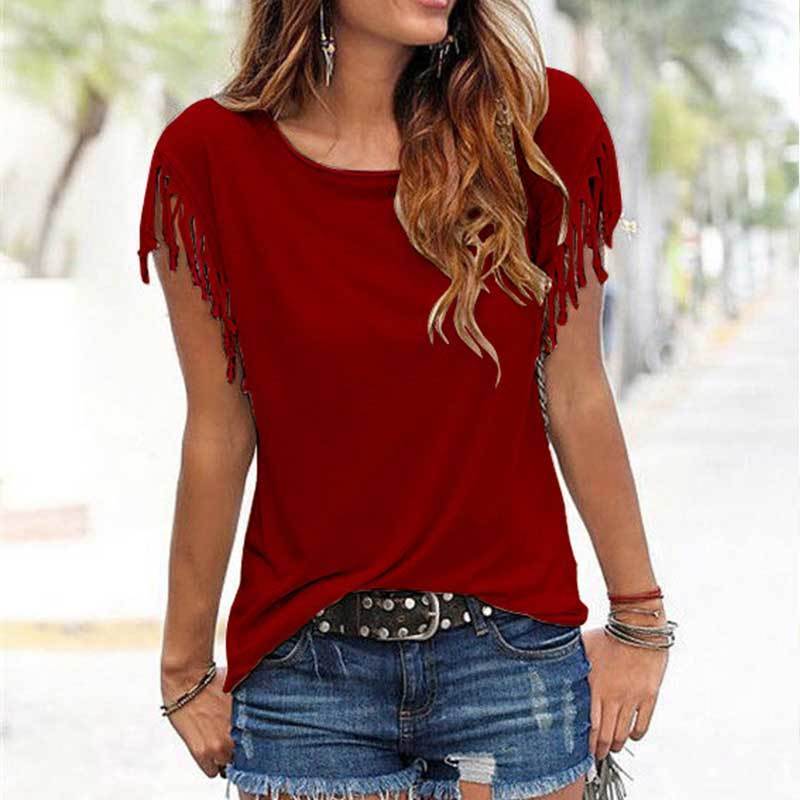 Solid Oneck Tassel Short Sleeve Women's TShirt White Black Red Loose Tshirts Womens Summer Spring Chic Tshirt Tops Women T200614