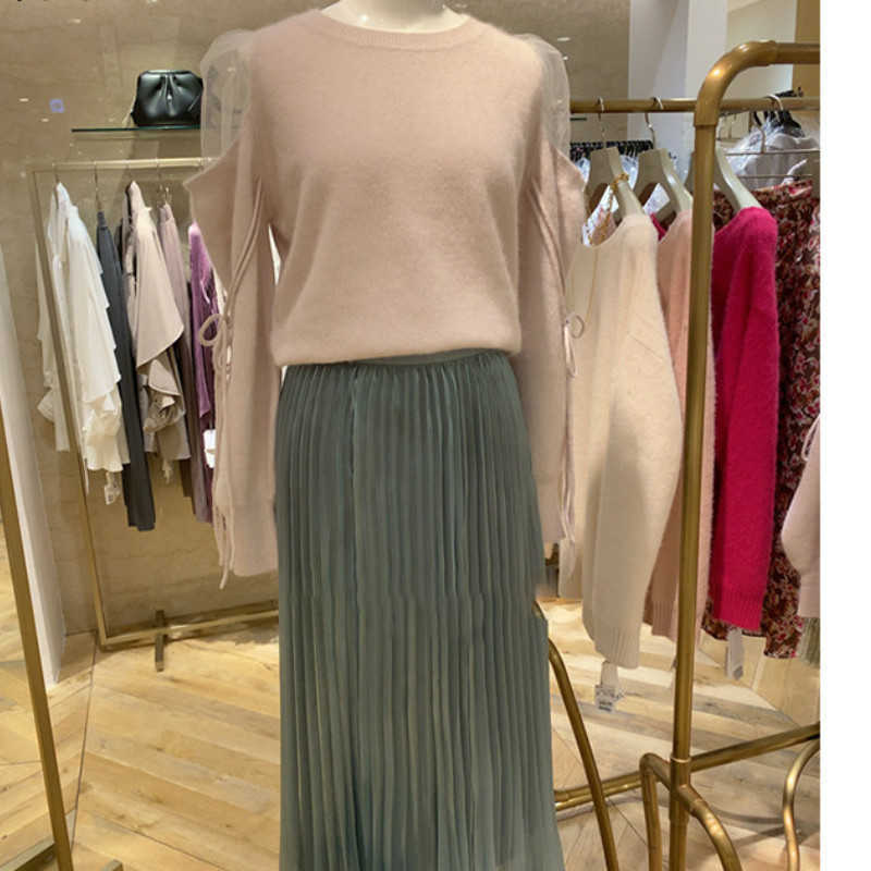 Kuzuwata Sexy Shoulder Strapless Drawstring Voile Patchwork Sweaters Autumn Chic Sweet Knitted Pullovers Japan Style O-neck Tops 211011Z