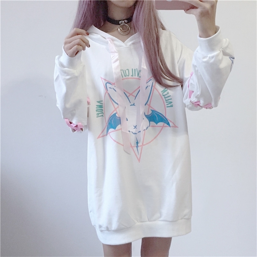 Harajuku Hoodies Autumn Women Print Lace Up Gothic Punk Oversize Tops Long Sleeve Hooded Sweatshirt Pullover Streetwear 201212