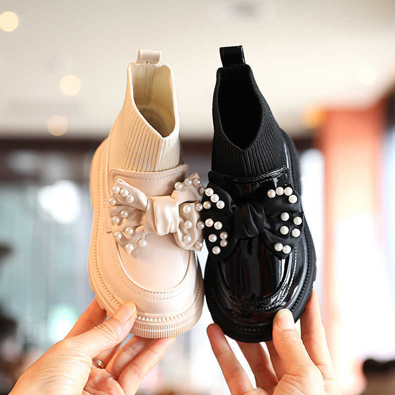 Kids Slip-on Shoes Girl Knit Ankle Patent Leather Boots Pearl Bowknot 2021 Child School Uniform Dress Thick Bottom Shoe 26-36 L260122