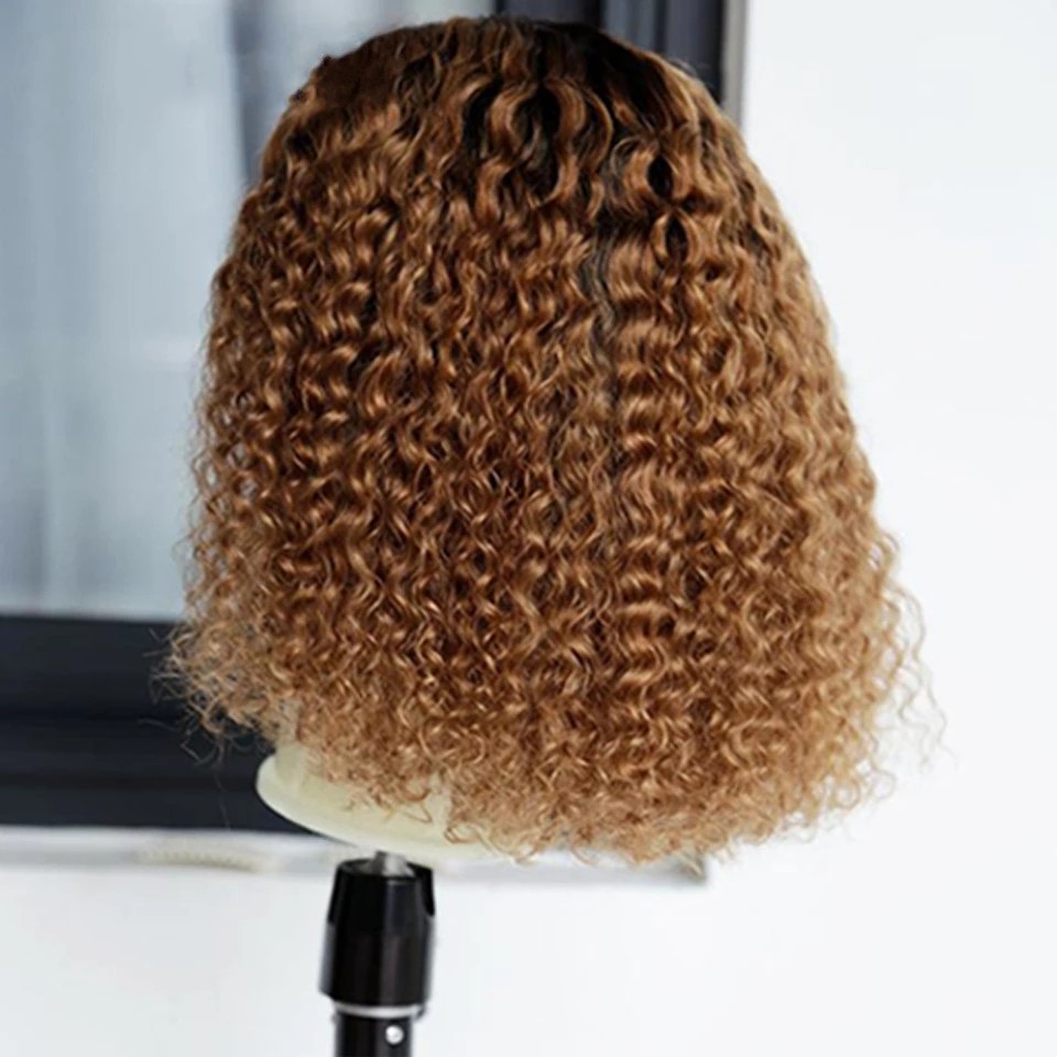 Kinky Curly Short Bob Full Wigs Ombre Brown Peruvian Human Hair Synthetic Lace Front Wig For Black Women 150% Density