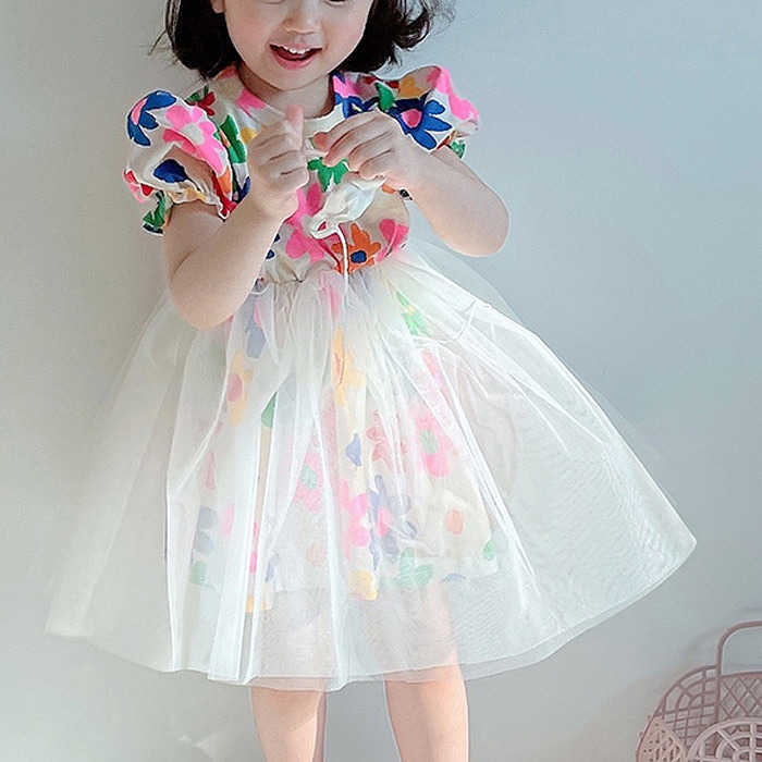 Korean Girls Flowers Dress Princess Tulle Print Pattern for Kids Lovely Cotton Tiered Birthday Causal Clothes 210529