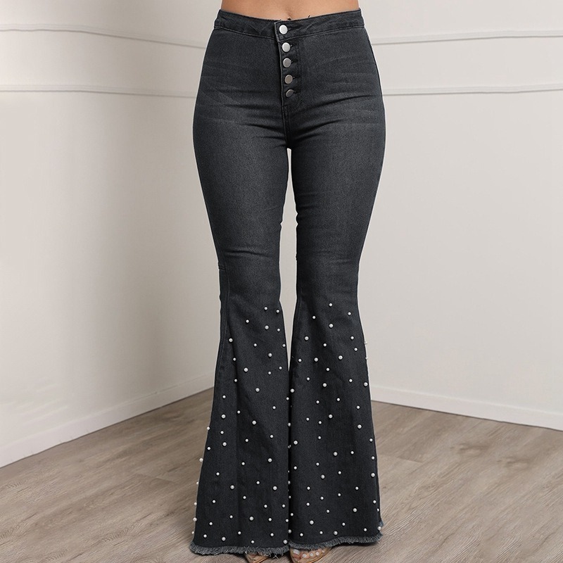 Beaded Denim flare jeans Women high waist elastic skinny jeans Wide Leg Trousers ladies Casual bell bottom jeans Pants plus size 210222