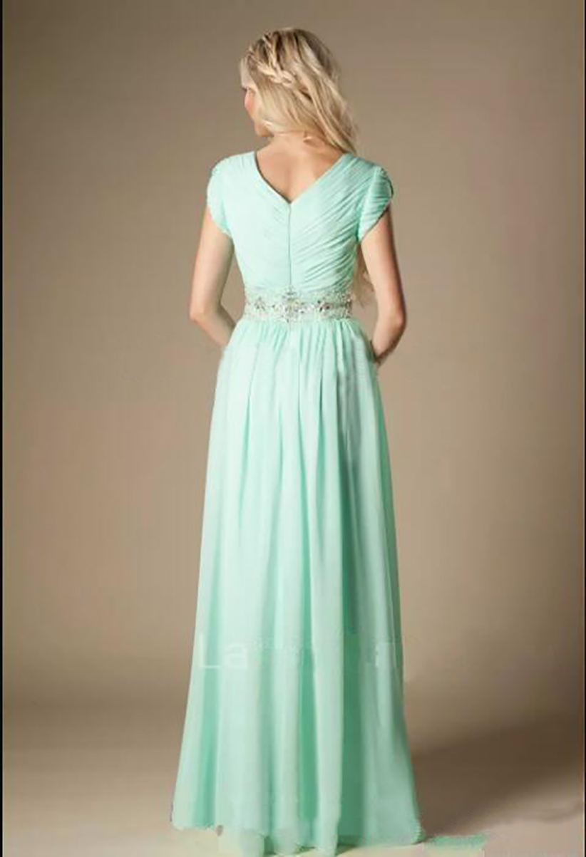 2021 Beach long Dresses mint green A Line Jewel Cap Sleeve Floor Length junior Bridesmaid Gowns With Chiffon Beaded Sash 0509