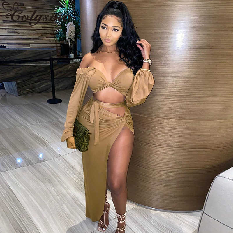 Colysmo Autumn Two Piece Set Women Long Lantern Sleeve Sexy Low Out Tie Up Crop Top Split Skirts 2 Clothes 210527