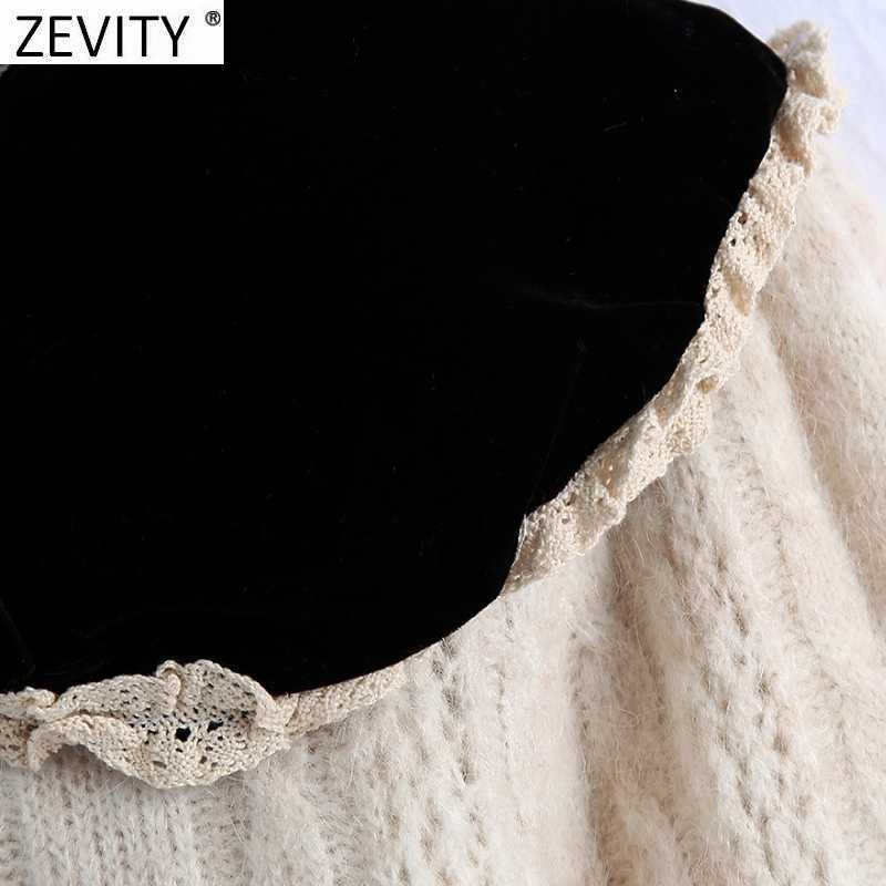 Zevity Women Sweet Velvet Collar Lace Ruffles Patchwork Knitting Sweater Female Chic Long Sleeve Casual Slim Pullovers Tops S513 210603