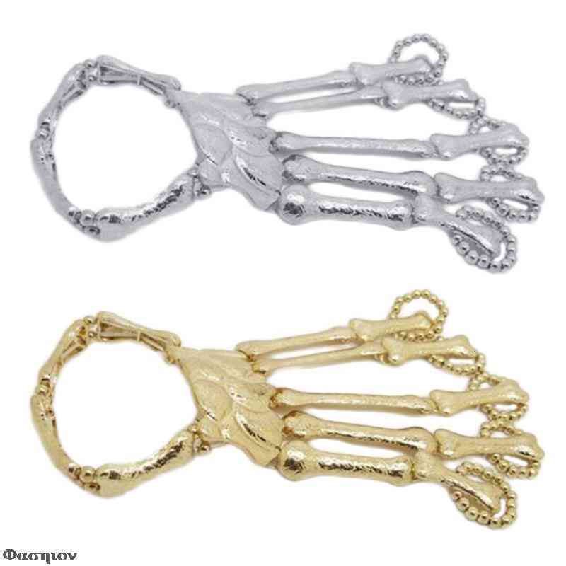 Handmade Halloween Wristband Skull Fingers Metal Skeleton Hand Bracelet with Ring for Women Birthday Gifts