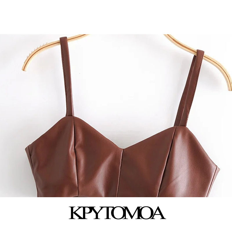 KPYTOMOA Women Sexy Fashion Faux Leather Cropped Tank Top Vintage Backless Side Zipper Thin Straps Female Camis Chic Tops 210308