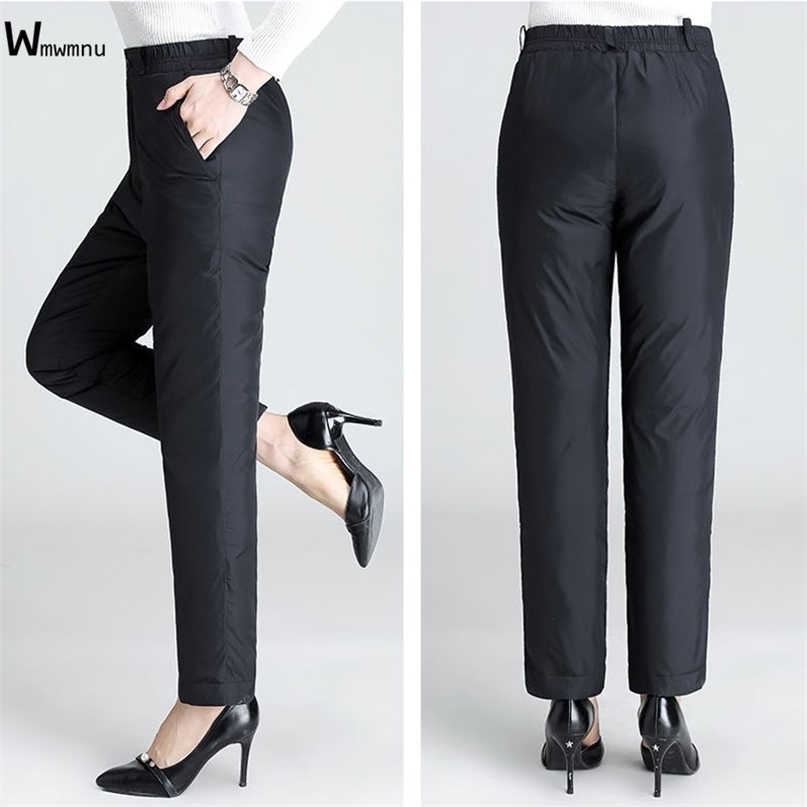 Oversize 5XL Warm Down Pants Women Fashion Plus Size Black High Waist Baggy Trousers Elegant Slim Fit Thick Cotton 211115