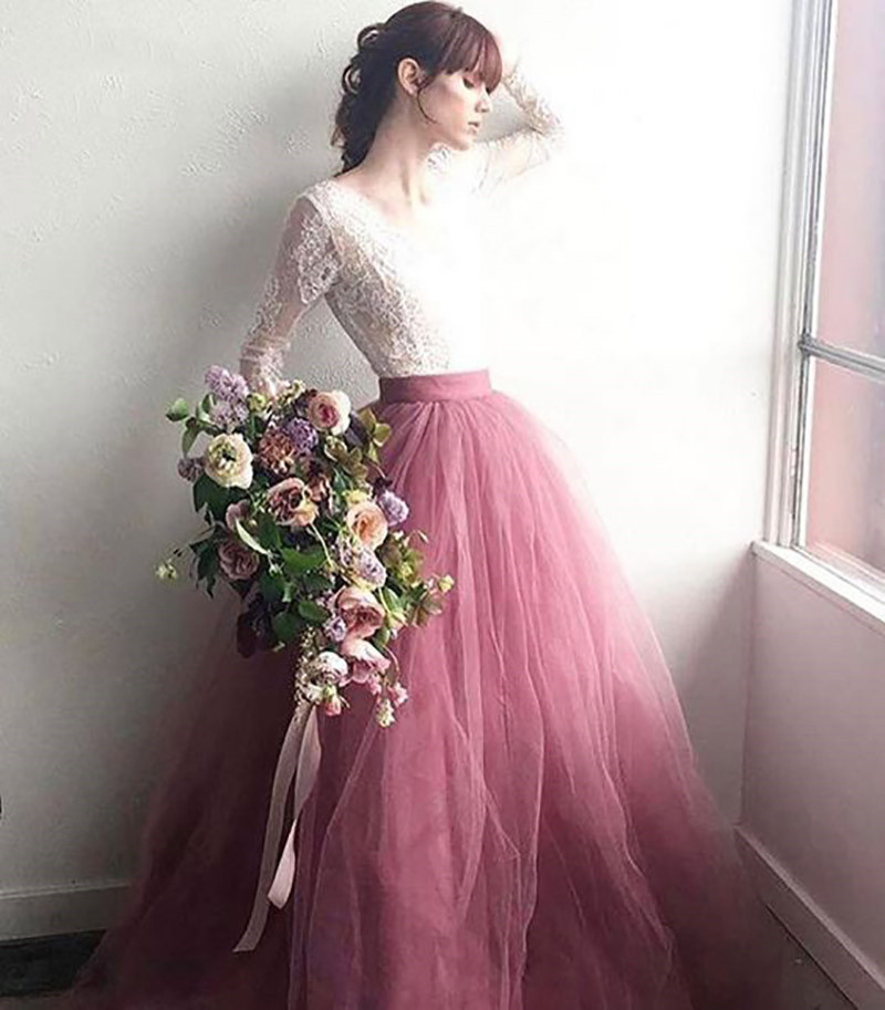 2021 A Line Dusty Pink Lace Beach Bride Dresses Train Elegant Wedding Boho Bridal Gowns 0431