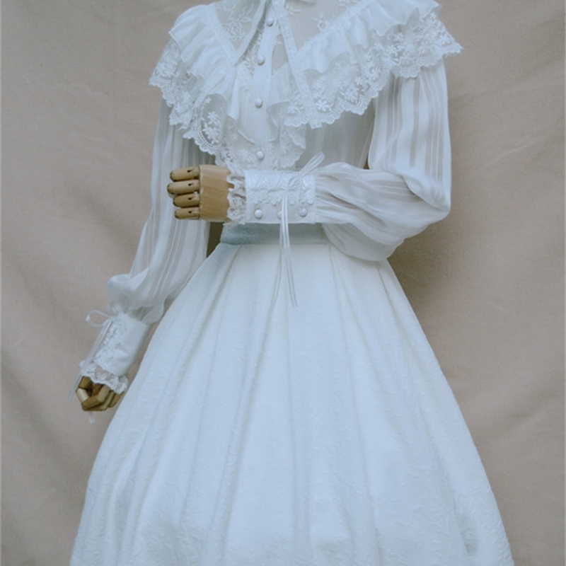 Royal Vintage Illusion Neck Women's Chiffon Blouse Gothic Sheer Long Lantern Sleeve Blouse with Ruffles T200321