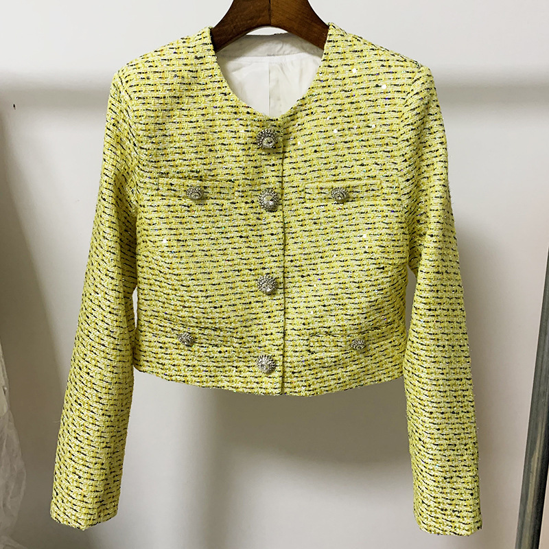 New Personality Top Quality Original Design Women's Three Piece Sets Tweed Tank Top Coat Skirt Crystal Diamond Button Sequins