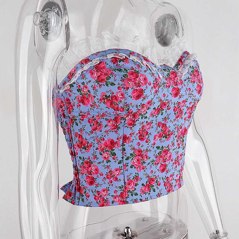 Colysmo Floral Corset Top Women Lace Patchwork Print Ruched Backless Crop Casual Party Bustier Ladies Summer Strapless Cami 210527
