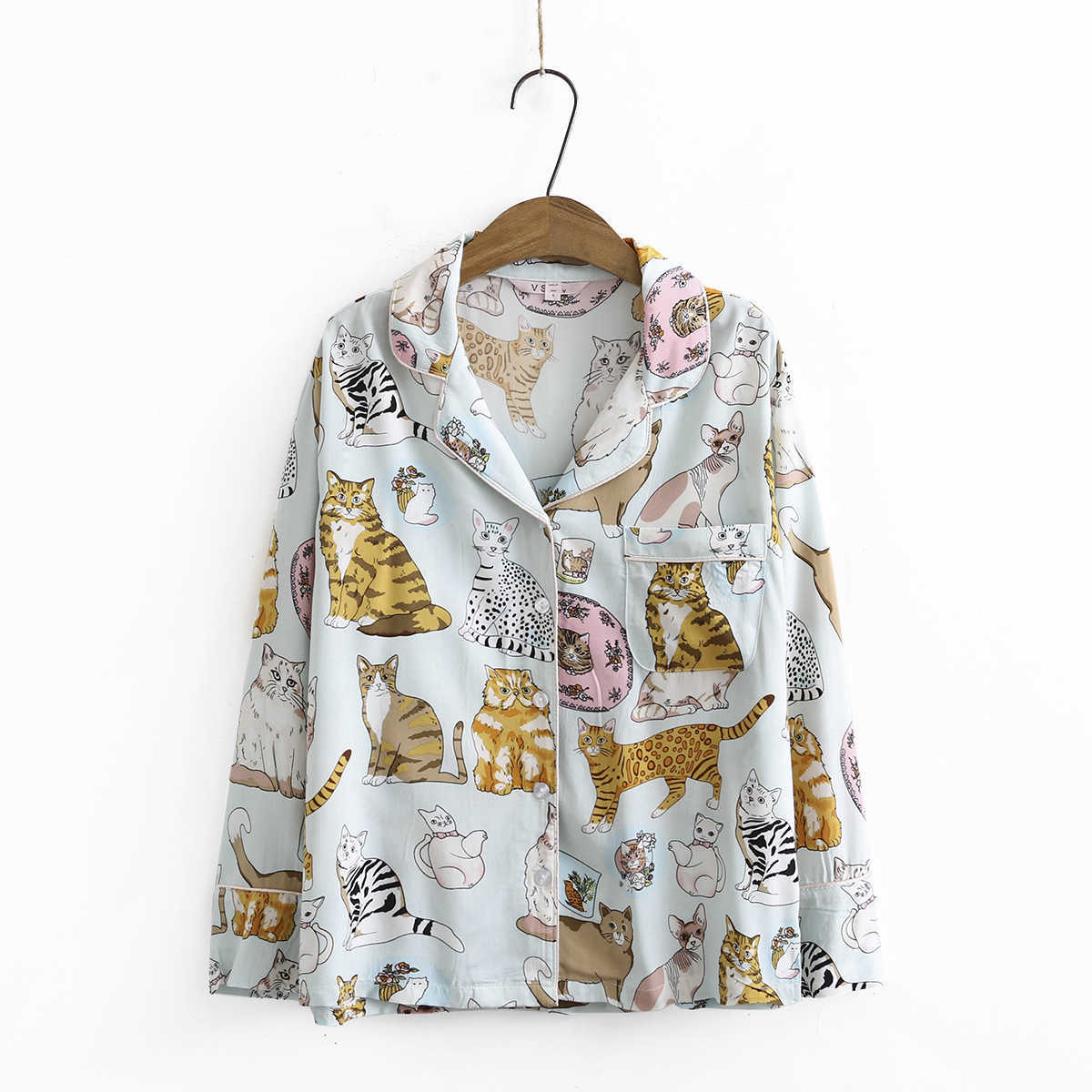 Pajamas Women Set Autumn Cute Cat Animal Print Home Clothes Cotton Silk Loose and Comfortable Ladies Dormir Pajamas 211007