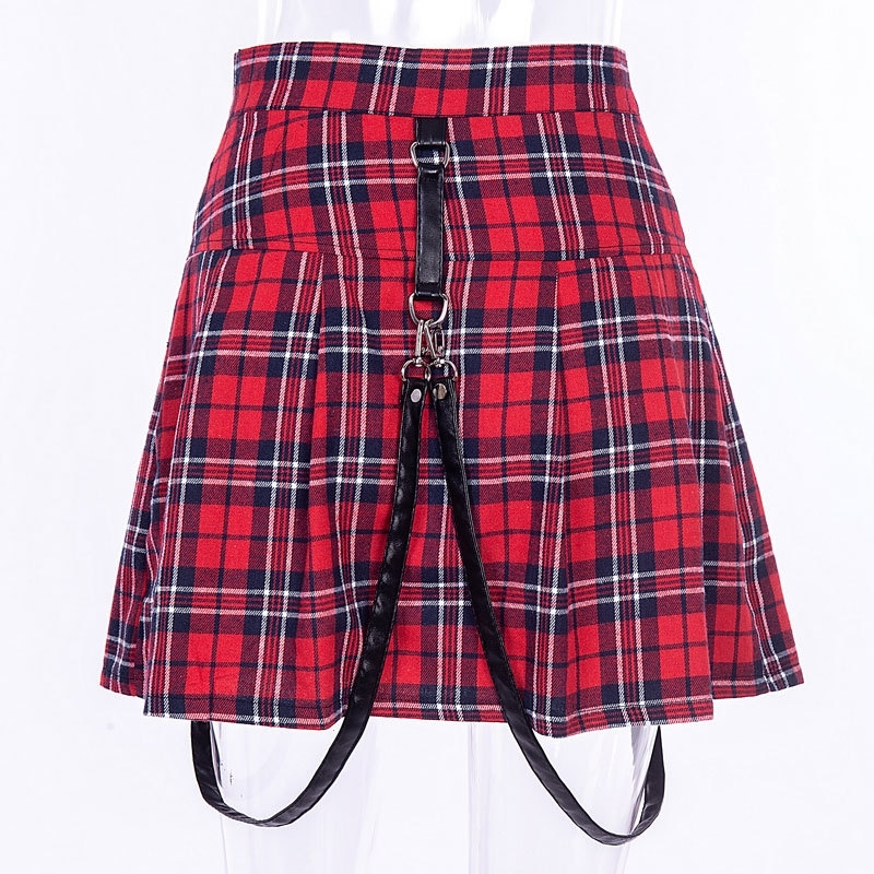 Rosetic Women Skirts Summer Black Punk Rock Gothic Sexy Chic A Line High Waist Plain Belt Button Girls Vintage Plaid Skirts 210306