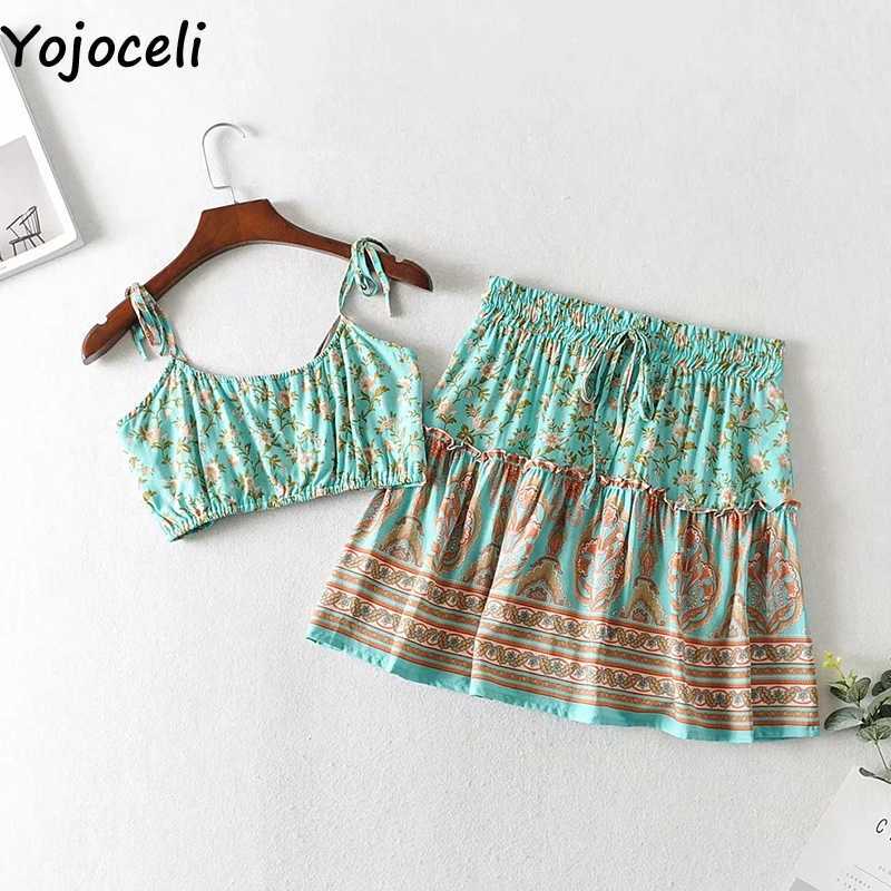Yojoceli Sexy boho print short dres 2 piece set Elegant summer beach strap Casual daily ruffle sun 210609