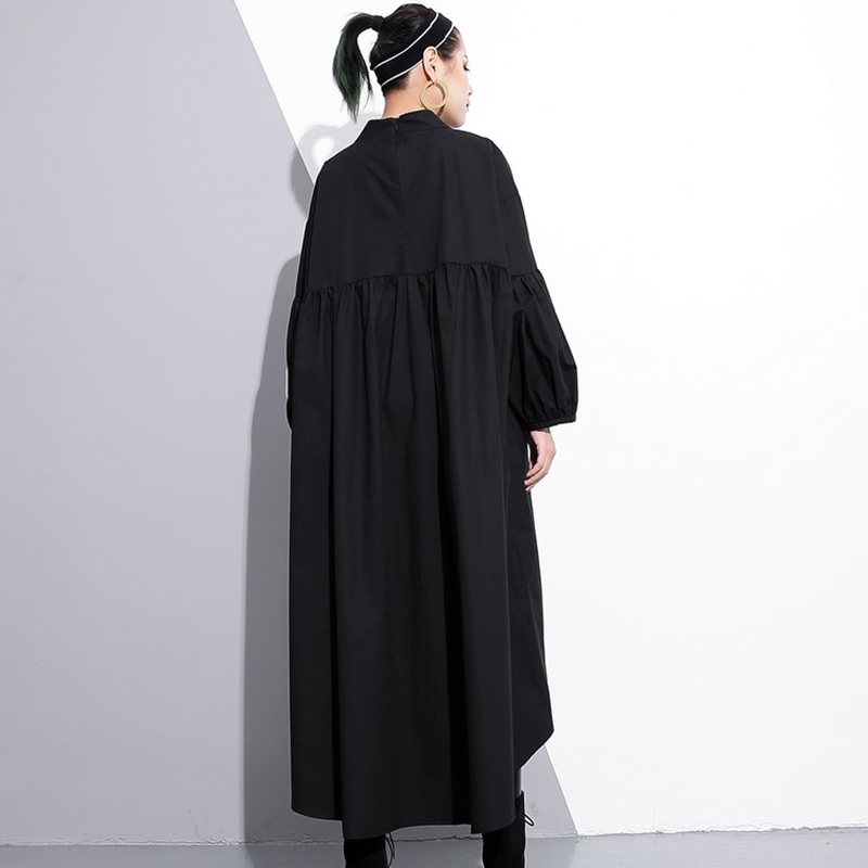 EAM Spring Round Neck Long Sleeve Solid Color Black Metal Ring Big Size Hollow Out Dres Fashion JE29201 210309