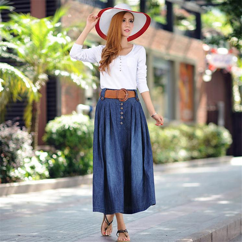 Merry Pretty Women Sashes Denim Pleated Autumn Elasticity Waist Long Jeans Casual Solid Midcalf Skirt 210309