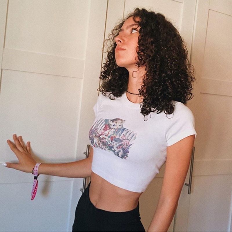 Women Kitten Print Cropped Cotton Tee Short Sleeved Cotton Crop T-shirt 210306