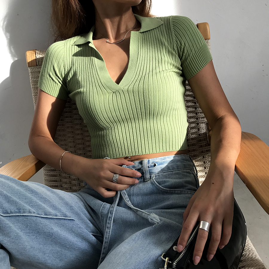ITOOLIN Summer Vintage Polo Shirts Women Sexy Top Cropped Rib Short Sleeve T-shirts Solid Slim Fit Female Tees Mujer Camisetas 210306