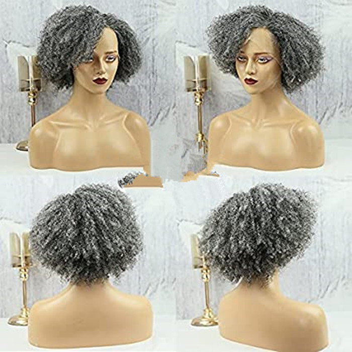 Salt and pepper human hair wigs for african american short coily kinky curly t part lace front wig 13x4x1 silver grey