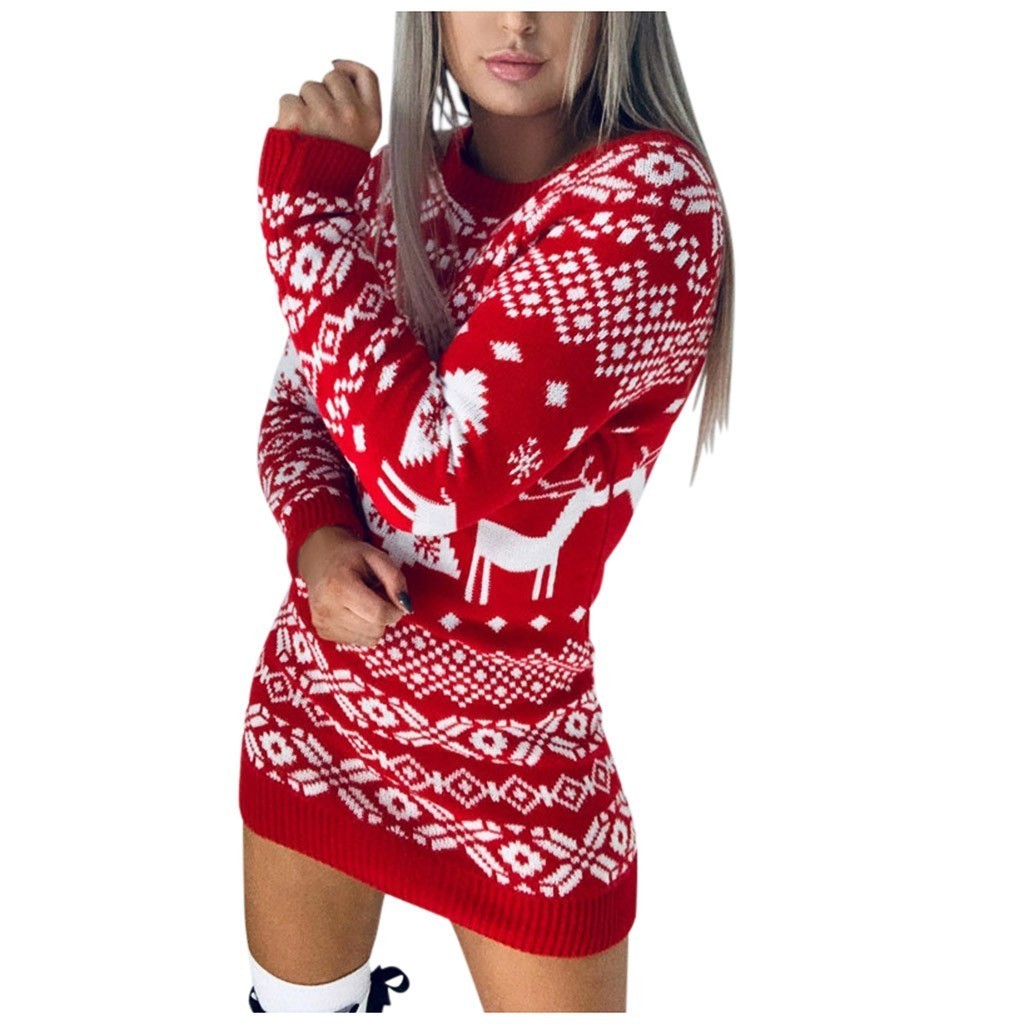 40# Women's O Neck Elk Snowflake Christmas Xmas Pullover Sweater knit Mini Dress Hot Sale Sweaters Winter Clothes Casaul Knitted 201008