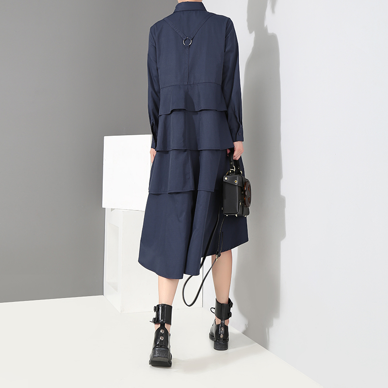 Elegant Style Woman Navy Blue Casual Shirt Dress Long Sleeve Cascading Ruffle Office Ladies Party Midi Dress Robe Femme 3807 210303