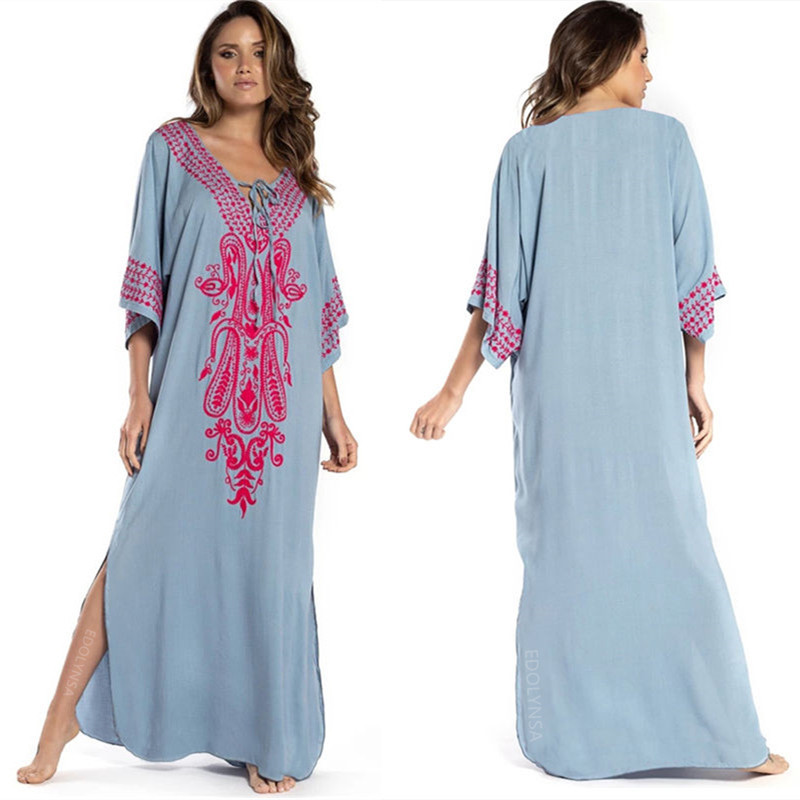2021 Indie Folk Lace Up V-Neck Batwing Sleeve Summer Beach Dress Tunic Women Beachwear kaftan Maxi Dress Robe Sarong N775 210224