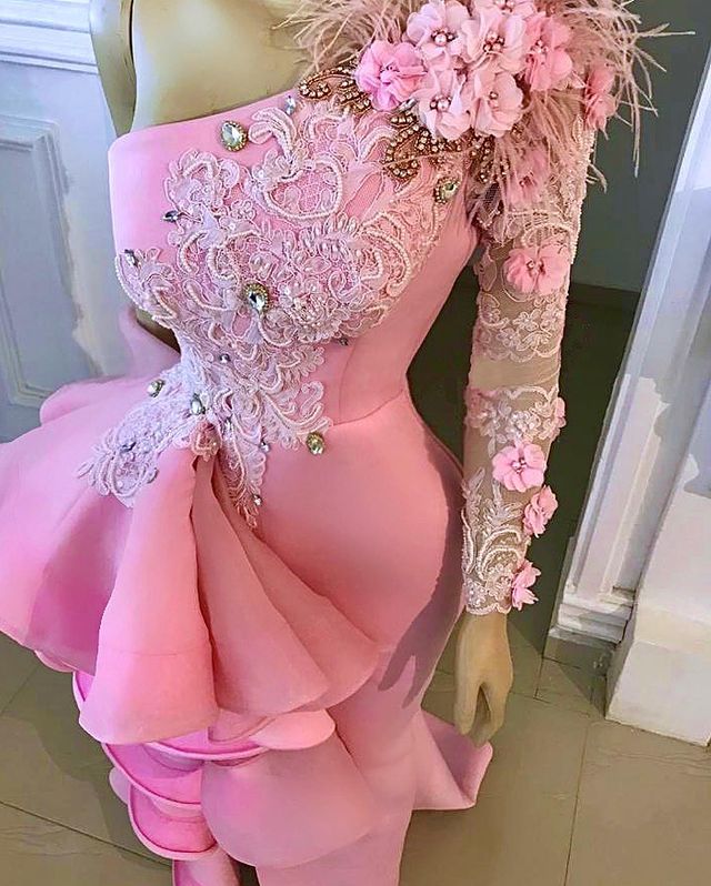 One-shoulder Ruffles Slit Skirt Prom Dresses Blue Fuchsia Lace Beaded Floral African Arabic Aso Ebi Lace Occasion Evening Dress