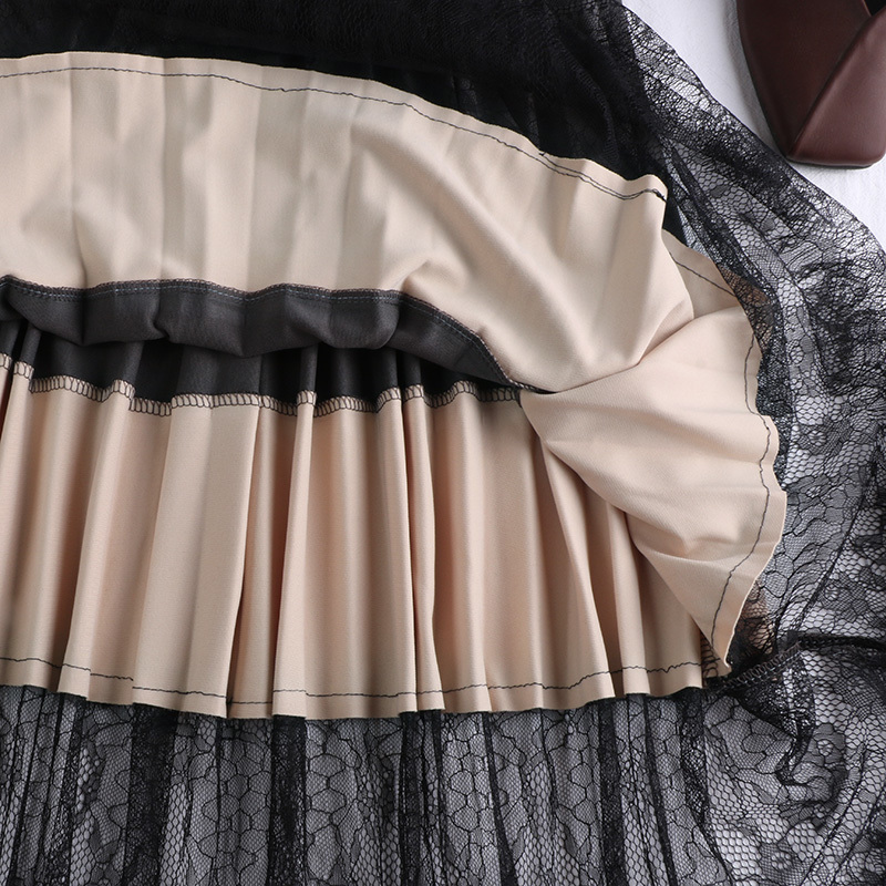Spring Autumn Elegant Patchwork Lace Skirt Women Vintage Panelled Striped High Waist Skirts Slim Pleated Party Skirts Mw870 210306