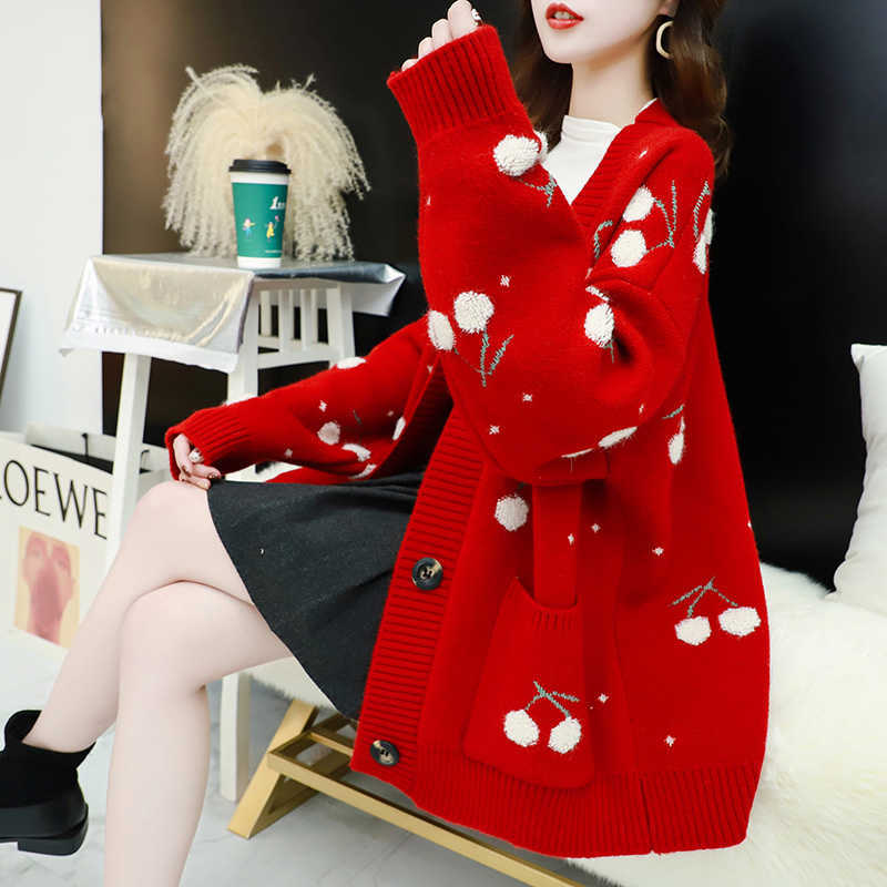 Autumn Fashion Cherries Embroidery Mid-length Cardigan V-Neck Bat sleeve Pocket Knitting Sweater Coat Loose Ladies Tops 210914