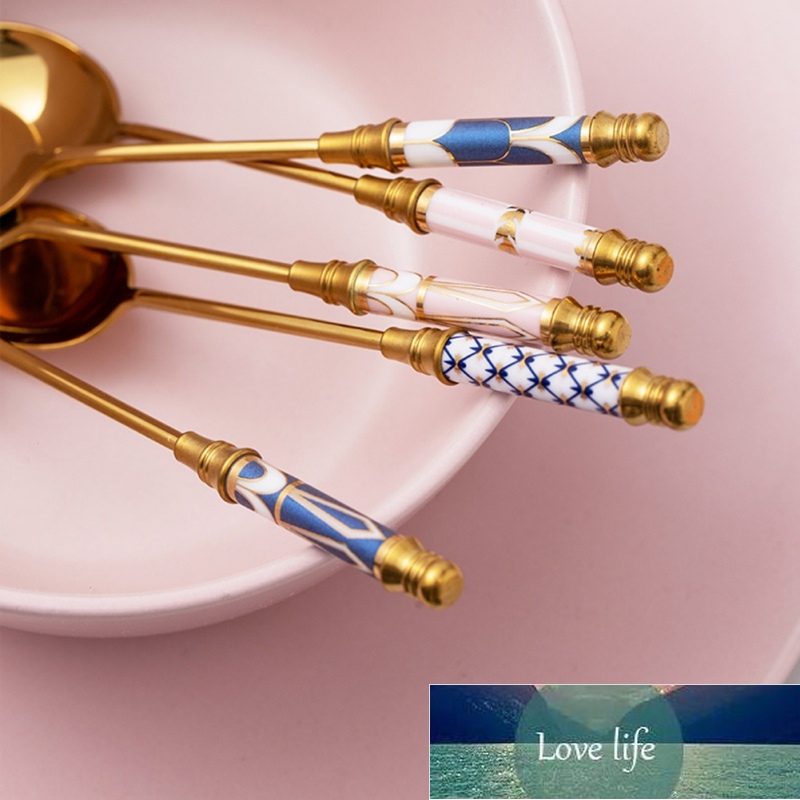 Elegant Stainless Steel Coffee Spoons Ceramic Long Handle Spoon Stirring Spoons Gold-plated Dessert Food-grade New
