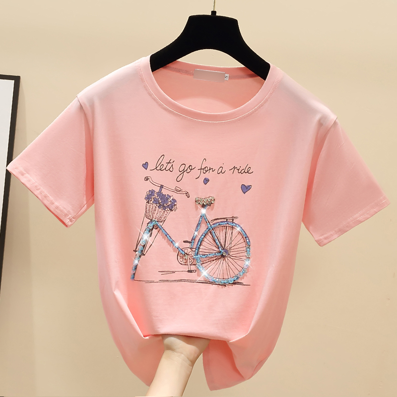 gkfnmt Beading Print Pink T Shirt Summer Short Sleeve Women Top White Tshirt Cotton Korean Style T-shirt Women Clothes 210302