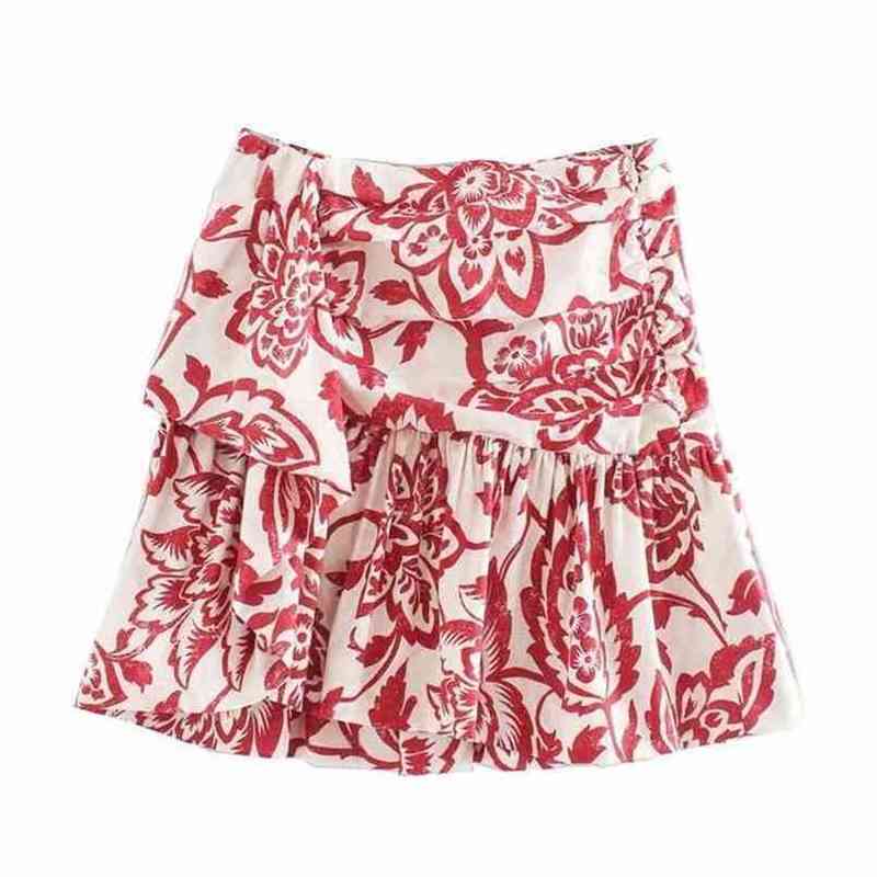 Women sweet tropical flower print pleated mini skirt faldas mujer ladies casual slim side zipper ruffles skirts QUN561 210619