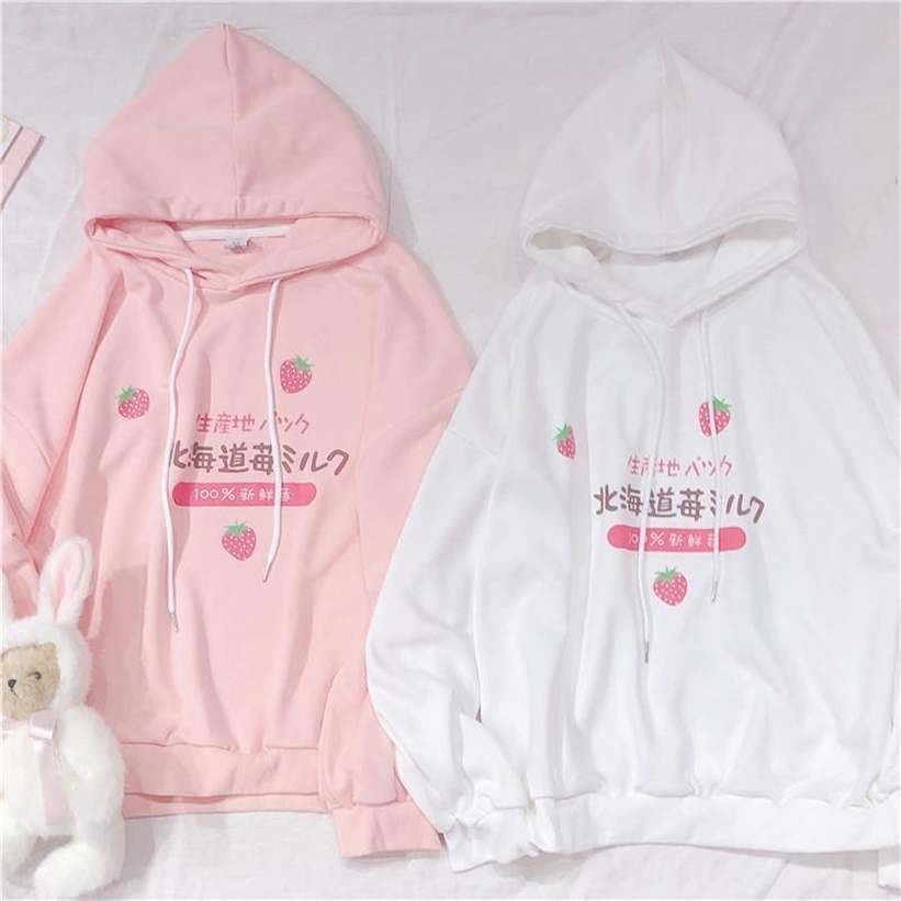 Harajuku Kawaii Strawberry Milk Graphic Sweatshirt Hoodie Women Streetwear Winter Plus Size Women Loose Thin Hoodie Cute Clothes 201212