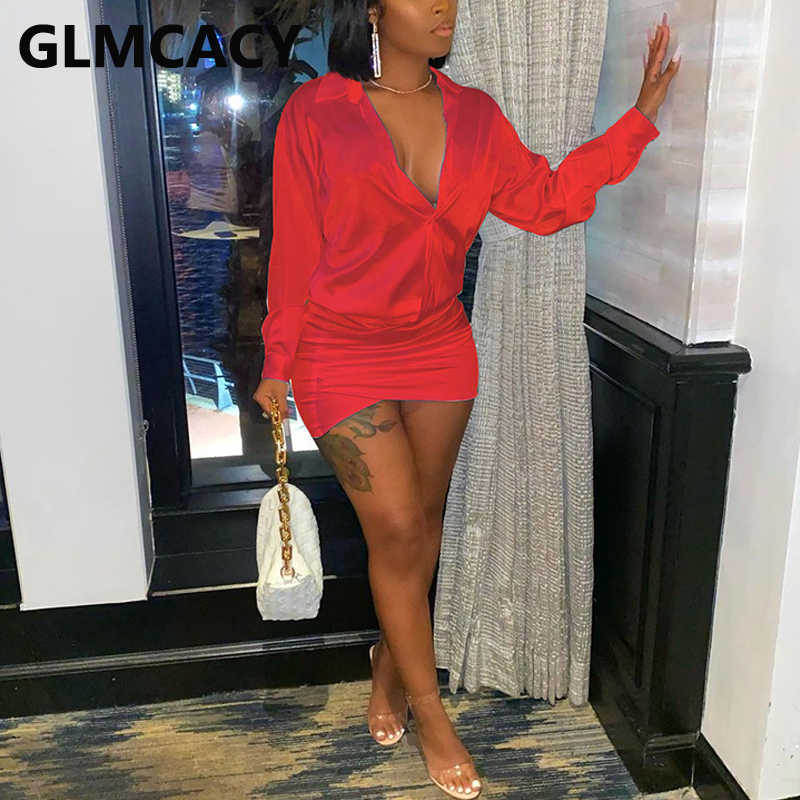 Long Sleeve Satin Bodycon Shirt Dress Elegant OL Mini Dress 210702